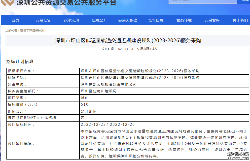 深圳市坪山区低运量轨道交通近期建设规划(2023-2026)服务采购