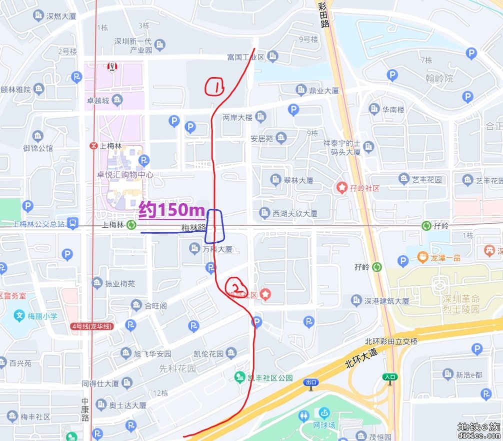 建议22号线在北环大道梅景站换9号，覆盖总部基地和科技园南区