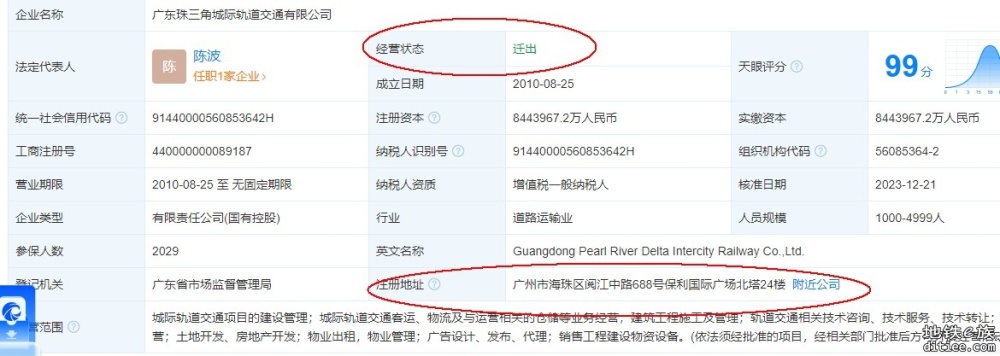 珠三角城际公司现在的经营状态变更为“迁出”