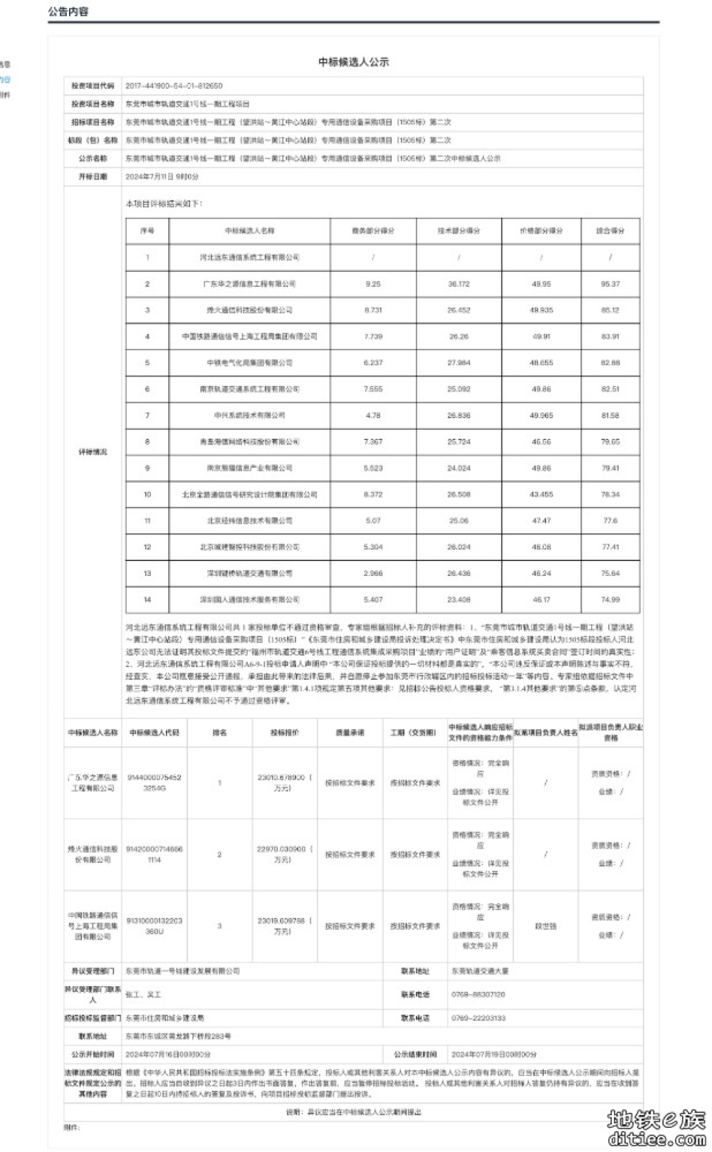 1号线专用通信设备采购项目（1505标）招标