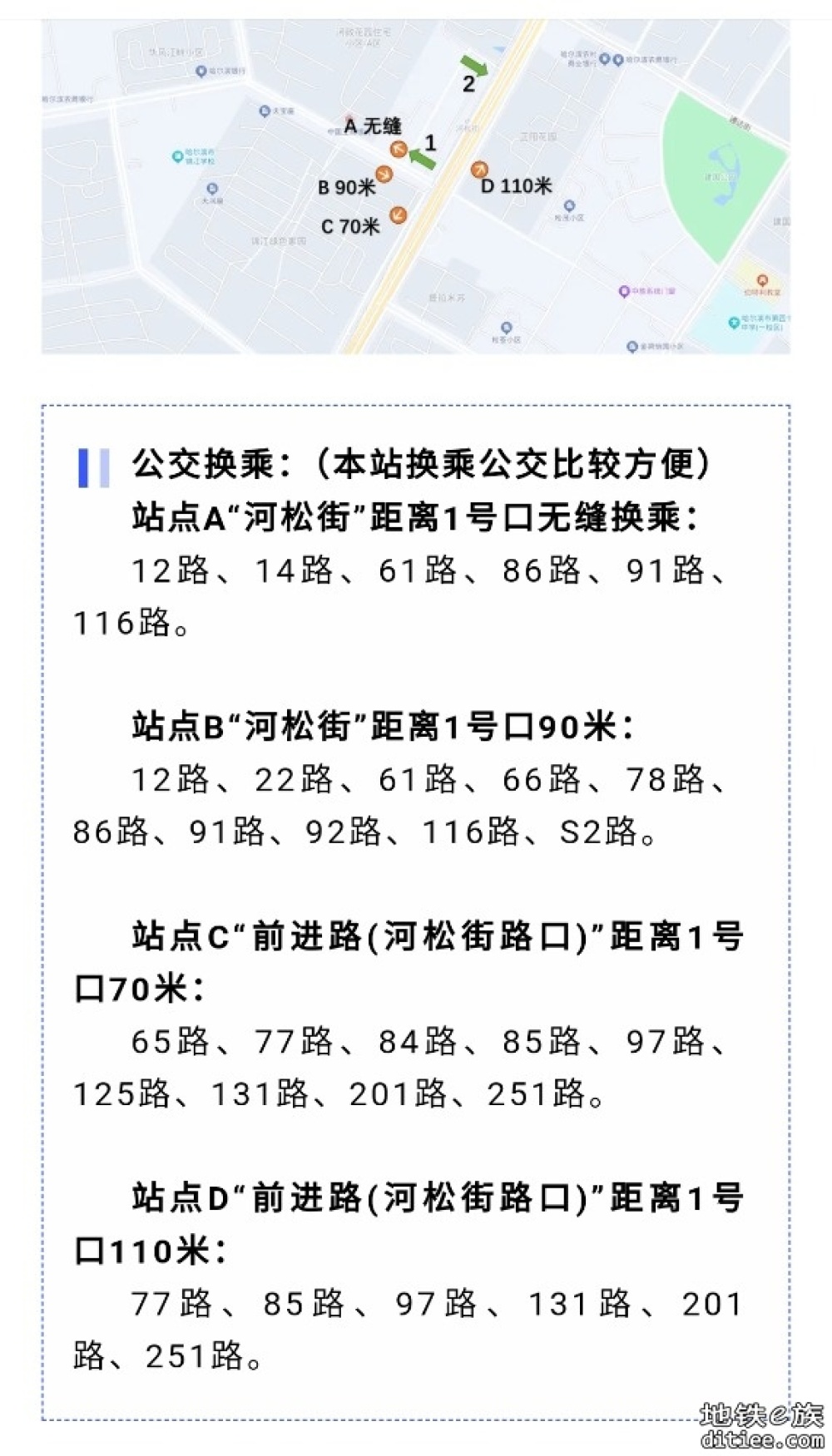 哈尔滨地铁3号线西北半环开通观光试运营的站点出入口位置、地点指引以及公交换乘说明