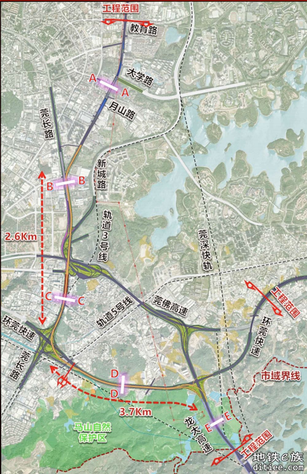 石大路南延和地铁3/5号线位置关系