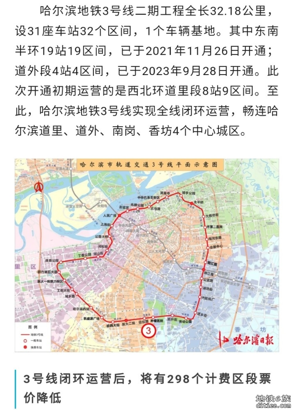 3号线闭环，哈尔滨地铁线网形成，298个计费区段票价降低