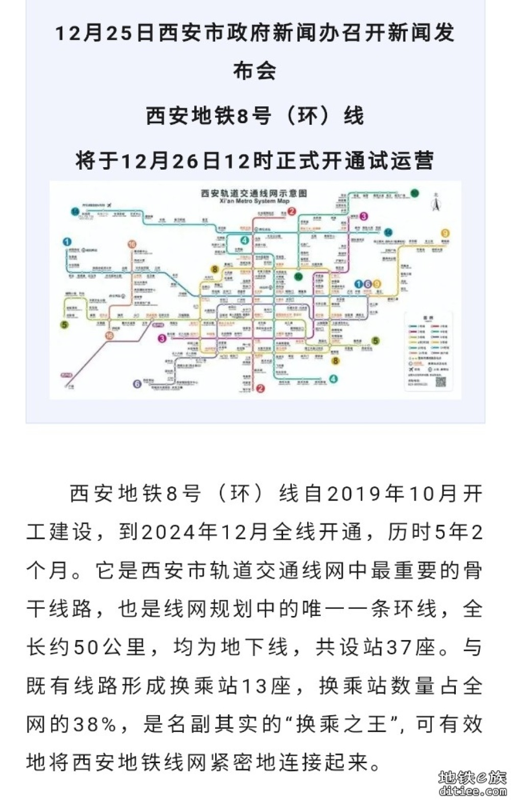 我国第8条地铁环线12月26将正式开通运营