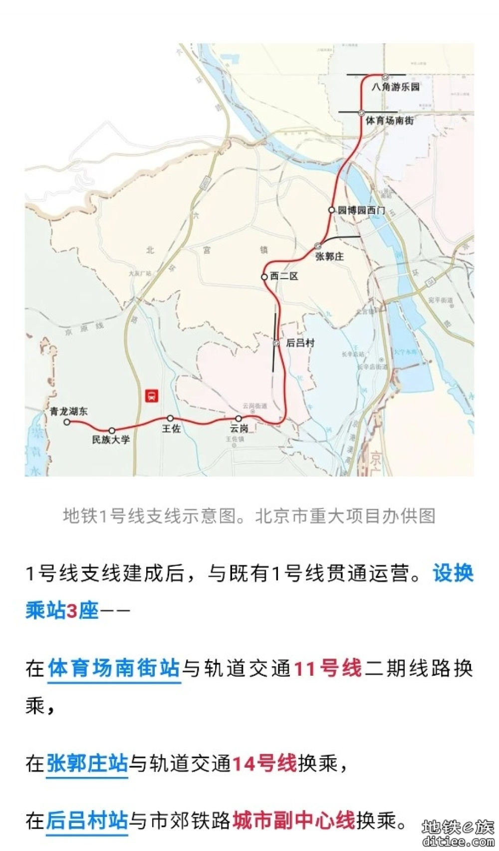 北京地铁1号线支线，9座车站已开工→