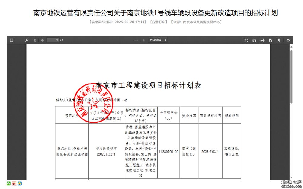 南京地铁1号线设施设备更新改造（1、电客车更新改造项目...