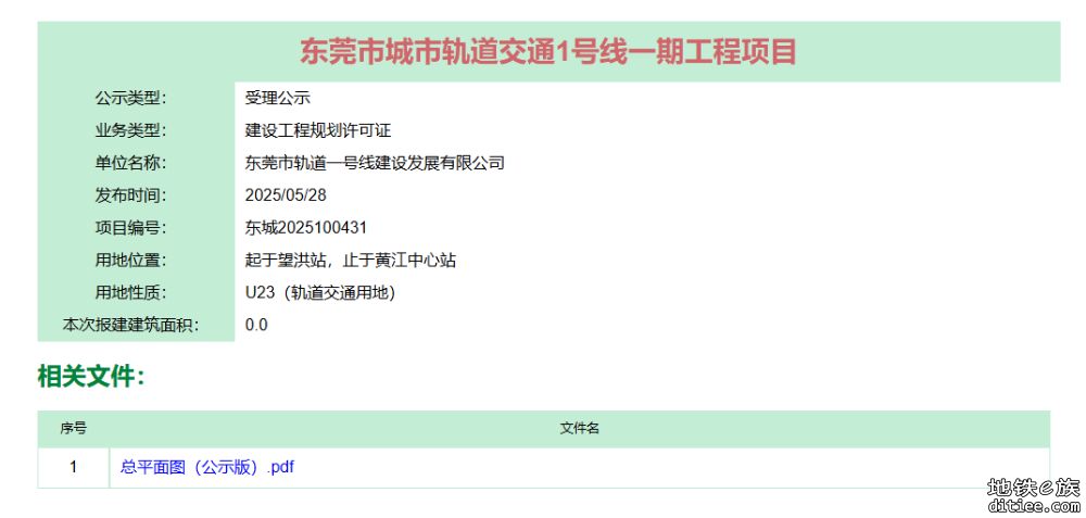 东莞地铁一号线建设工程规划许可证受理公示